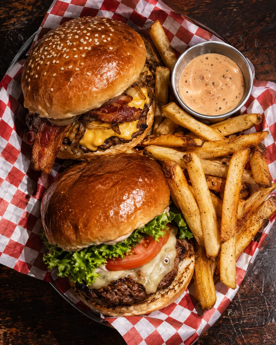 Dos hamburguesas con papas fritas y salsa sobre papel a cuadros, listas para compartir la mesa